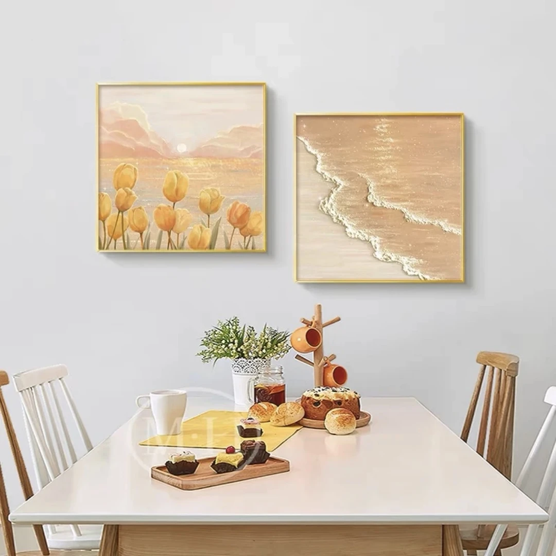 奶油风两联郁金香海滩餐厅背景装饰画