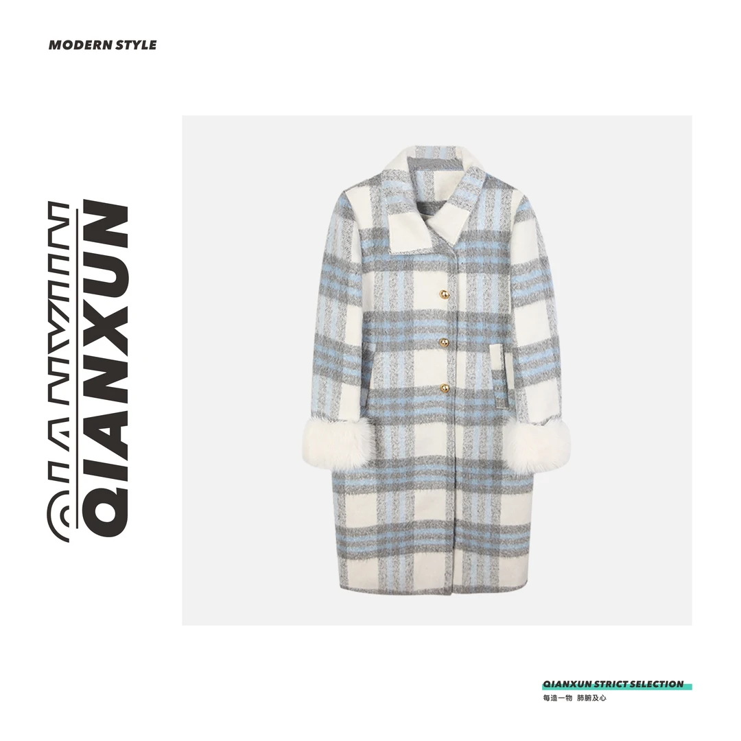冯冯大衣预D3DY1378白鸭绒小香风时尚毛呢中款格子秋冬休闲双面