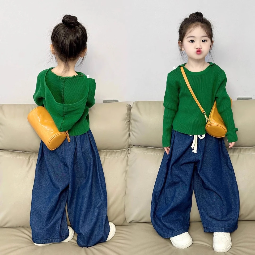 【现货】儿童针织连帽衫牛仔阔腿裤2025男女童春秋韩版幼儿园穿搭