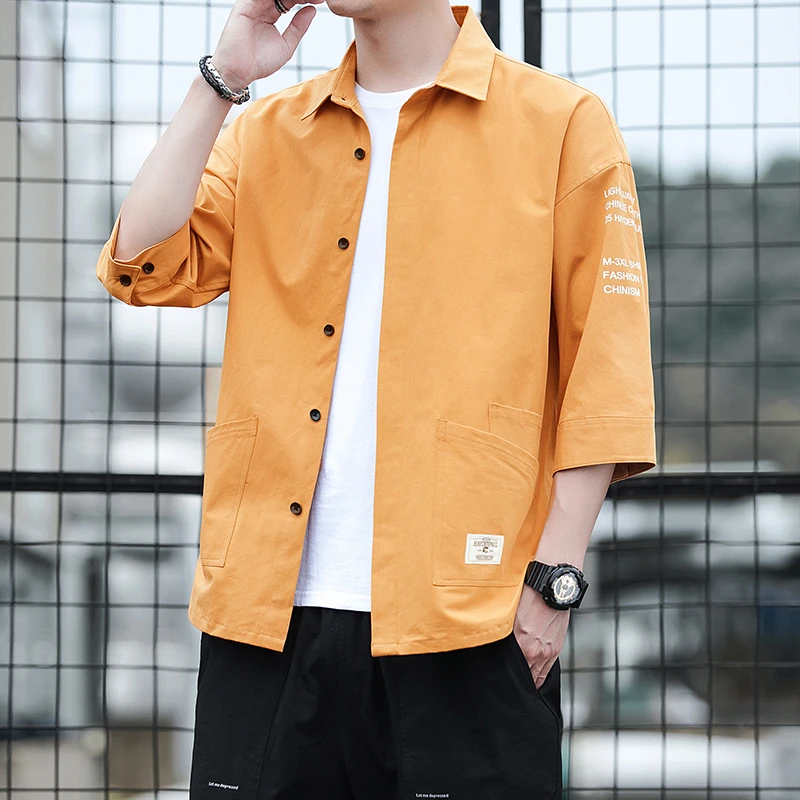 英格堡新款男士休闲印花衬衣工装风七分袖衬衫翻领百搭上衣1901Q