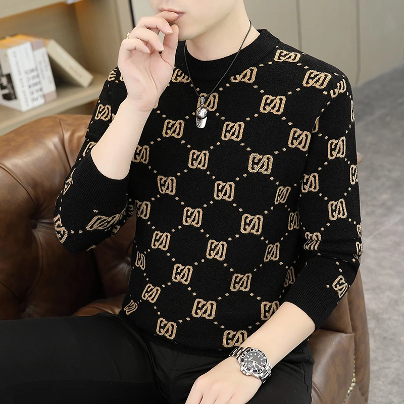 英格堡冬季新款男士时尚提花烫钻针织衫欧货保暖针织上衣男66002