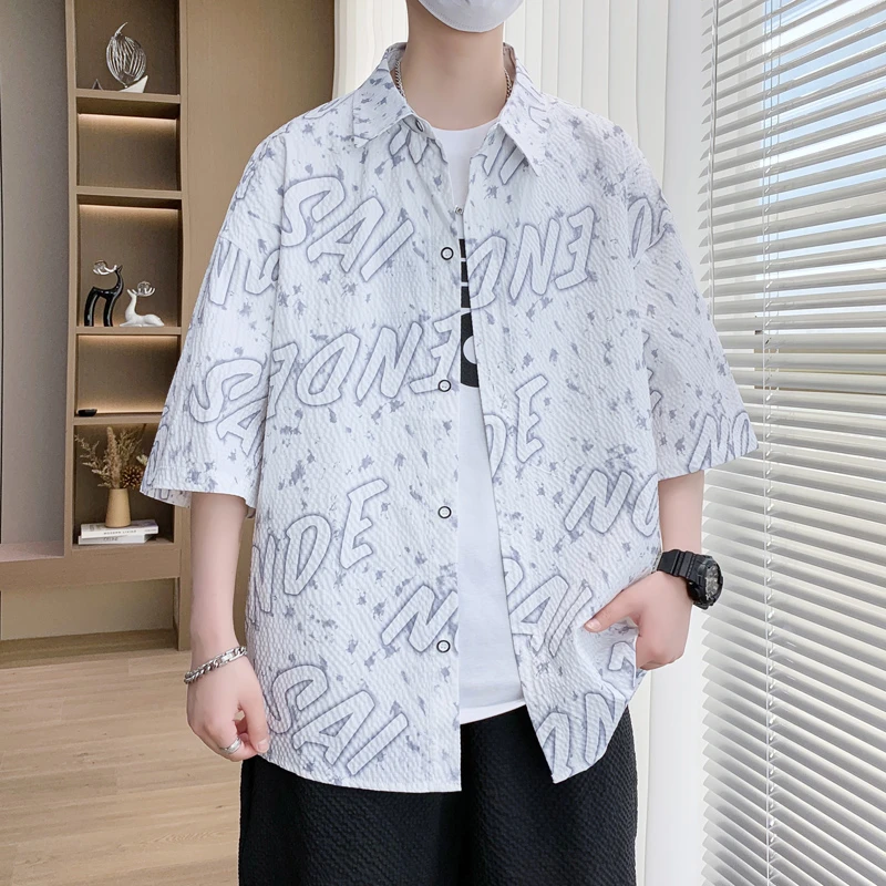 英格堡休闲男士夏季七分袖宽松衬衫印花新款百搭薄款翻领衬衣7706