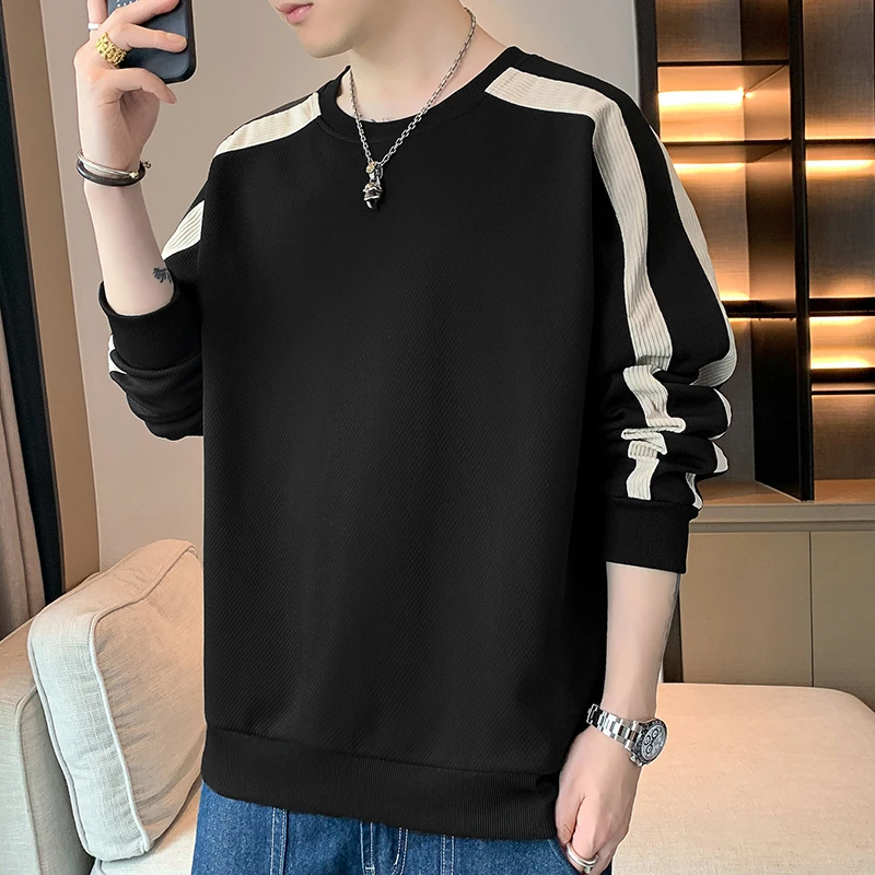 英格堡春季新款男士拼色条纹休闲圆领卫衣打底时尚潮流上衣男189