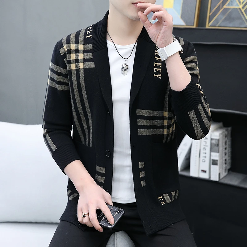 英格堡春季新款男士翻领条纹时尚长袖外套休闲百搭针织开衫8980