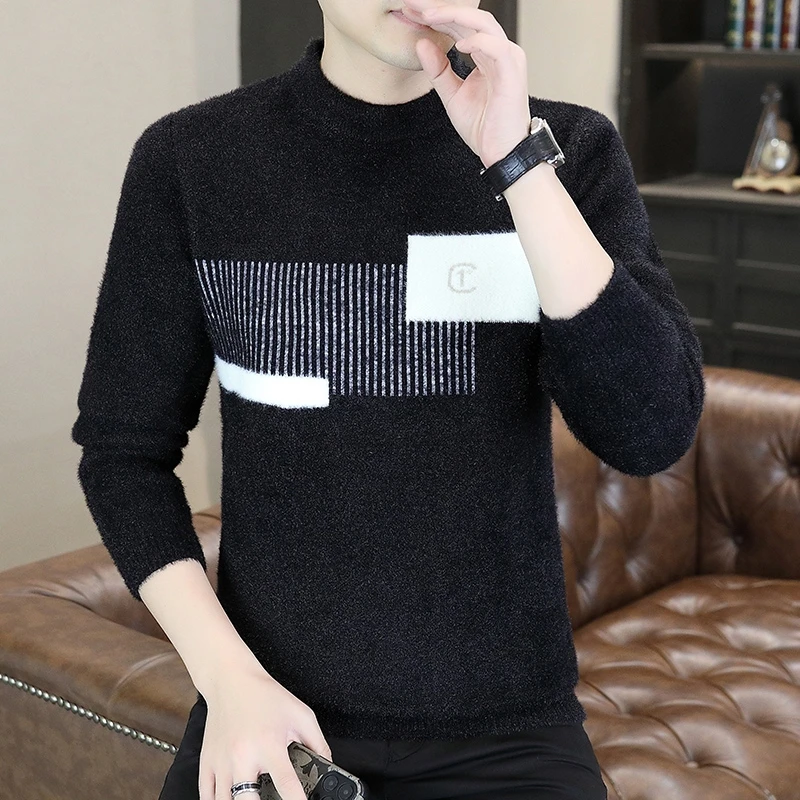 英格堡男士冬季新款加厚针织衫拼色保暖柔顺弹力针织上衣男24971