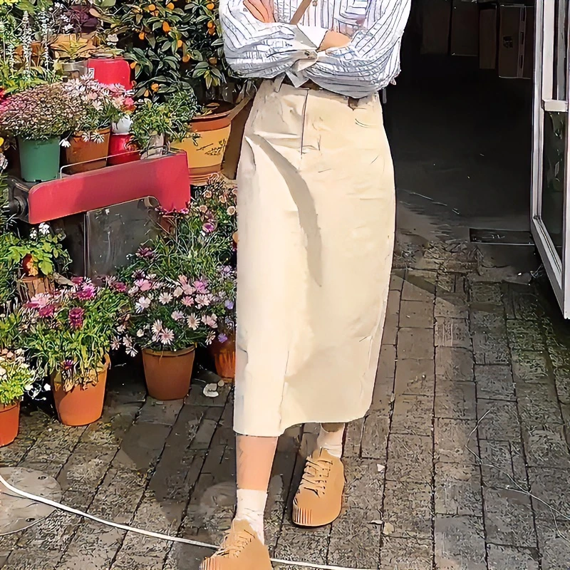 杏色百搭直筒牛仔半身裙女春夏2025新款百搭中长款后开叉一步裙