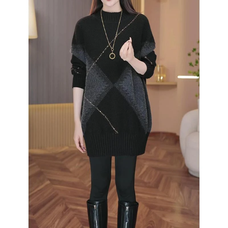 高级感时尚拼色镶钻毛衣女秋冬新款保暖宽松显瘦减龄百搭针织衫