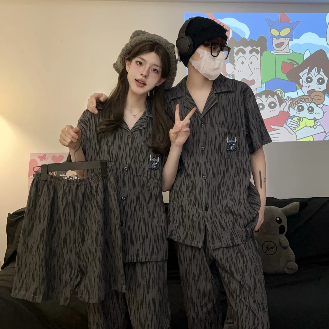 【流纹史迪仔】卡通睡衣女夏季短袖开衫男学生家居服情侣款三件套装