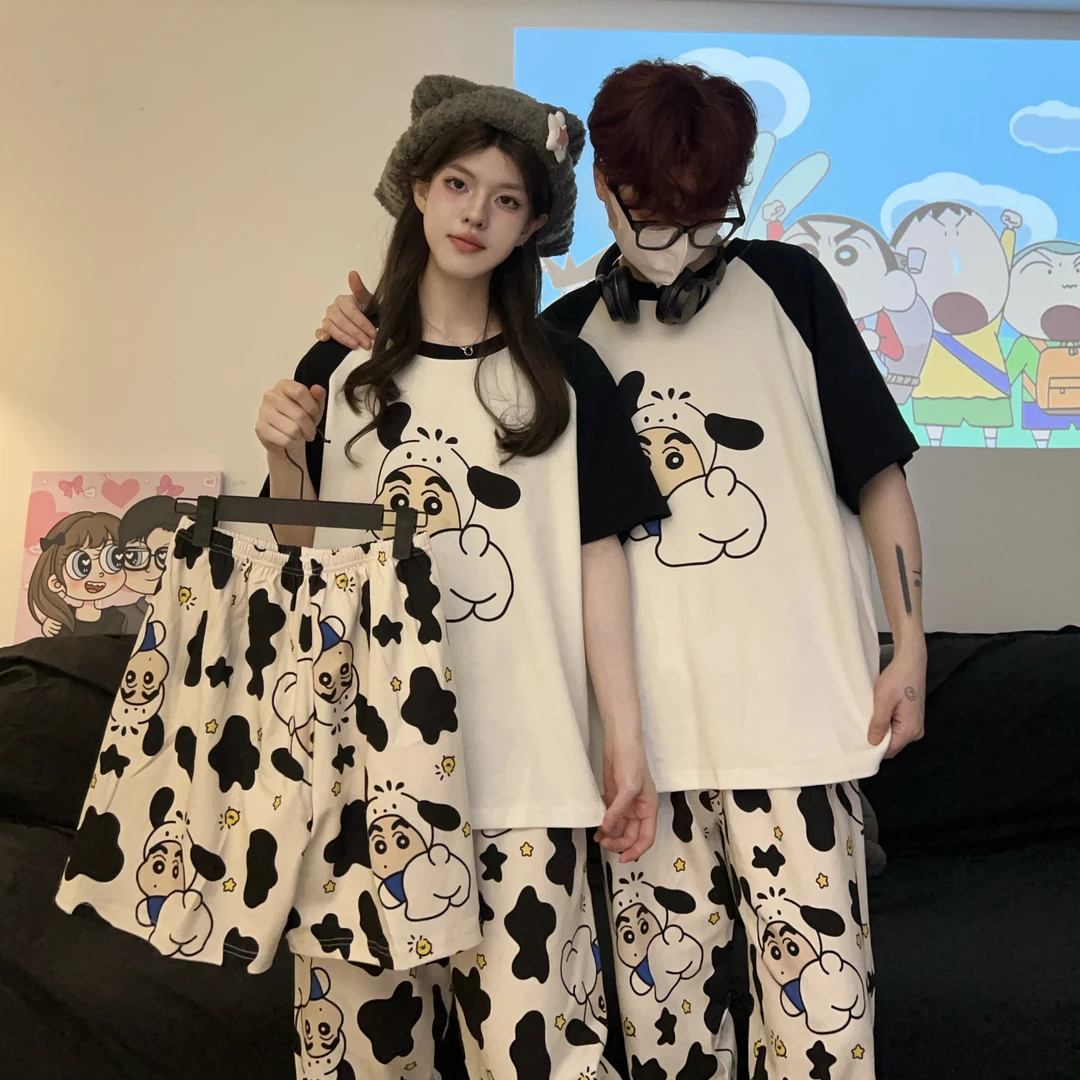 【圆领奶牛小新】新款情侣卡通圆领睡衣女夏季短袖薄款男家居服套装