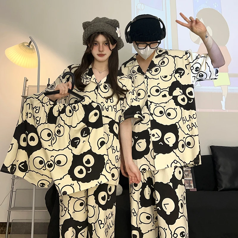 韩国网红睡衣男女士夏季ins风短袖短裤大码三件套情侣家居服春秋