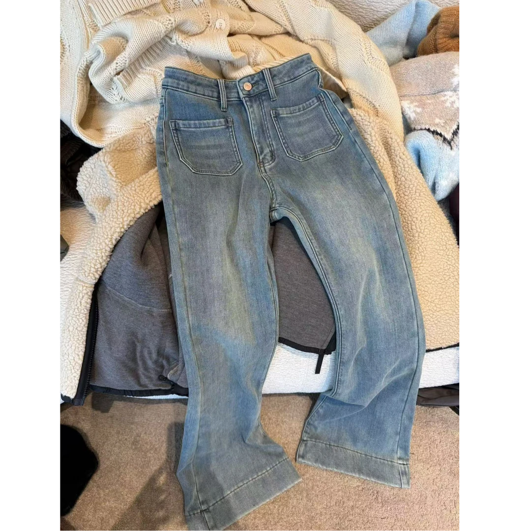 冬季新款大长腿加绒弹力微喇裤女装#1690