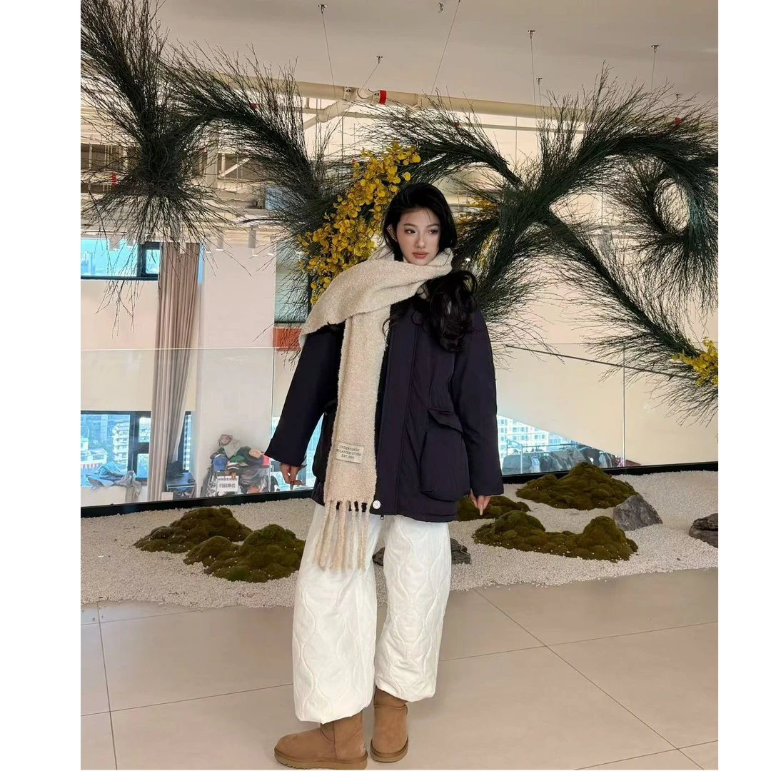 白白家-冬季新款压线抽绳衔接百搭宽松休闲棉裤#163