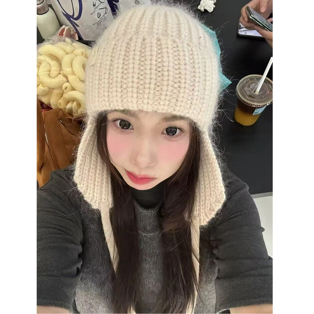 代代款冬季保暖兔毛护耳毛线帽子加厚防风系带针织帽#M088
