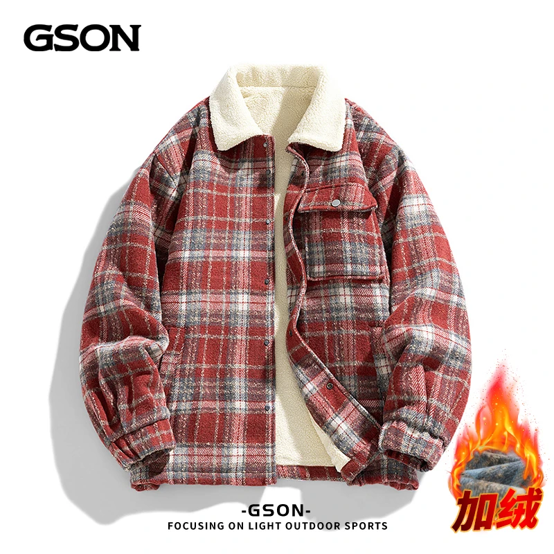 国潮品牌GSON冬季美式格子外套男加绒加厚小香风毛呢大衣情侣夹克