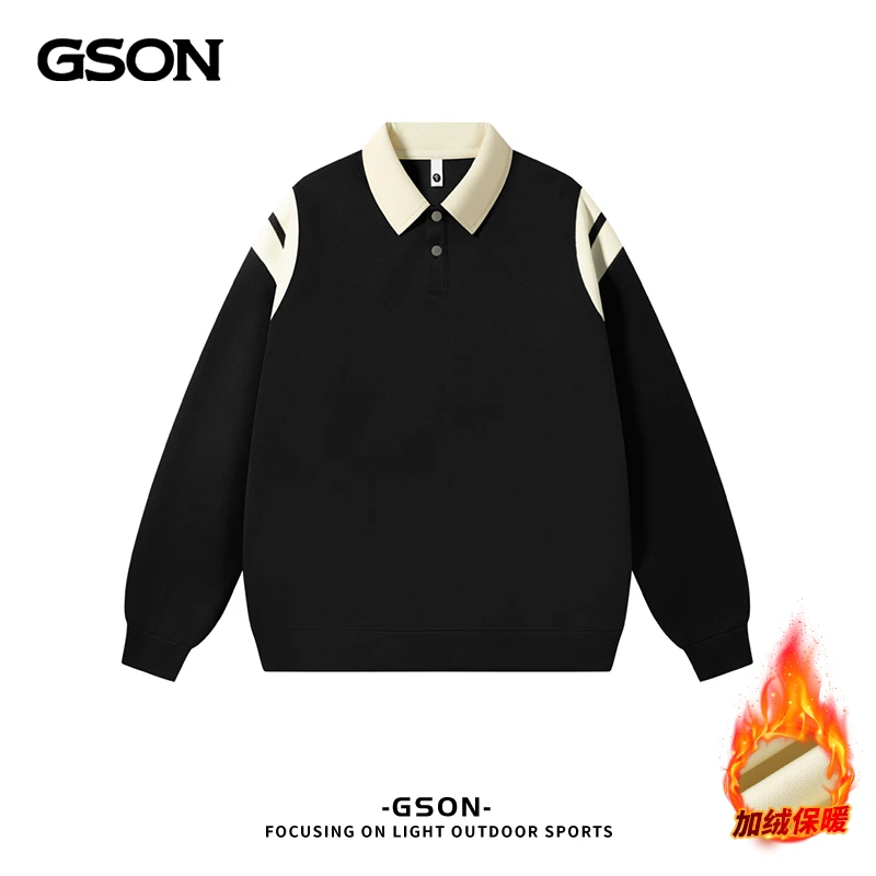 国潮品牌GSON男士长袖加绒POLO衫冬季保暖时尚卫衣宽松休闲假两件