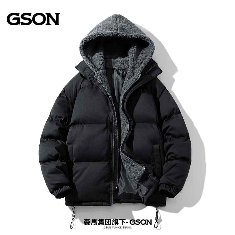 国潮品牌GSON冬季假两件棉衣男士加绒加厚宽松保暖连帽棉袄外套男