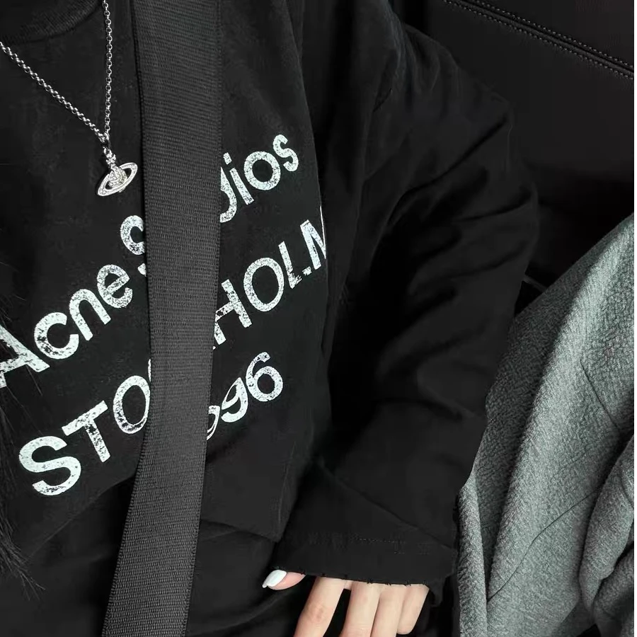 慵懒风松弛感穿搭韩系基础款字母长袖黑色t恤女休闲打底衫上衣ins