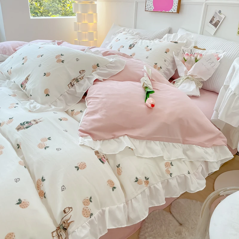 水洗棉麻法式花边四件套非全棉纯棉床用品床单被套三件套单人宿舍