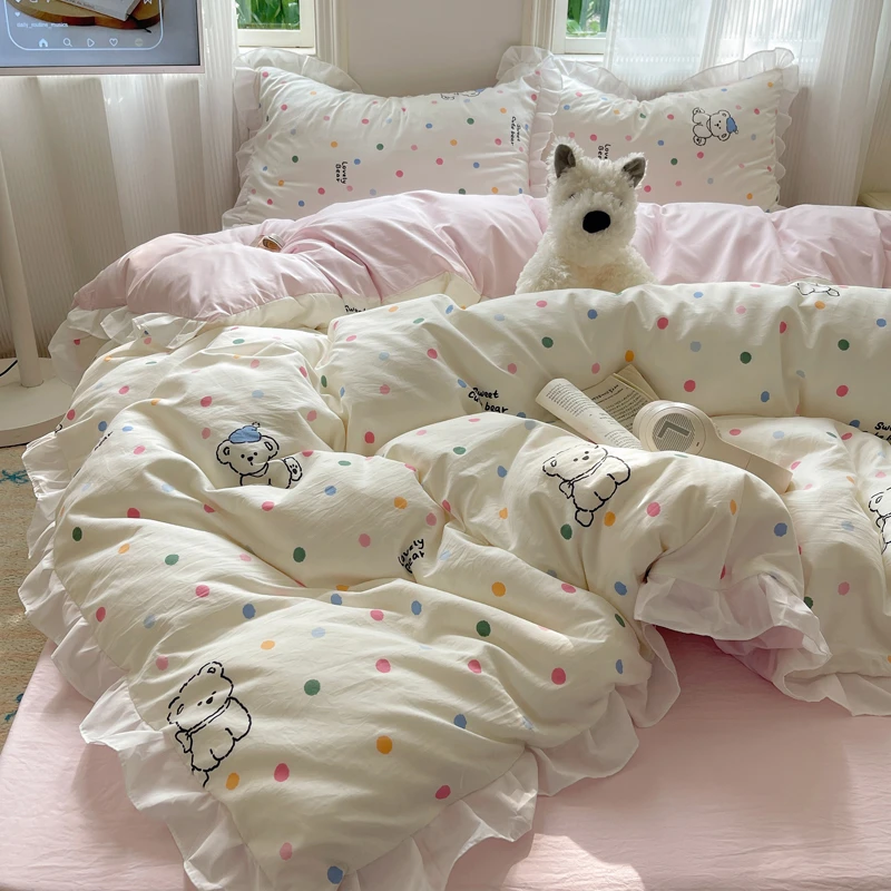 亲肤花边水洗棉四件套非全棉纯棉床单被套少女心被罩宿舍床笠3