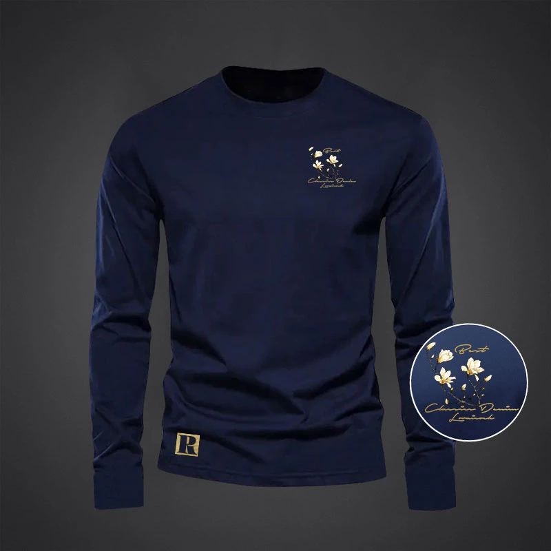 罗乐公鸡春秋季长袖T恤修身男士百搭上衣ins潮流印花简约打底圆领