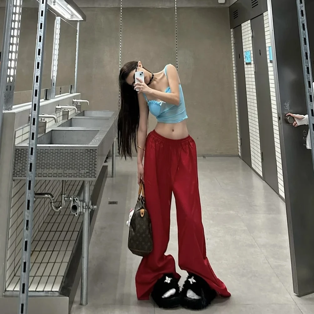 美式高街休闲裤酒红色酷飒风松弛感阔腿裤辣妹性感修身吊带睡衣女