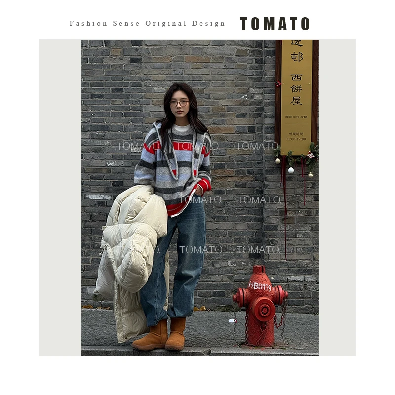 【TomoTo】温暖 美式复古撞色拼接条纹显瘦羊毛针织毛衣 Q24MY12091