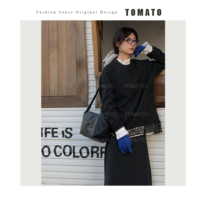 【TomoTo】软糯 下摆拼接镂空花边内搭保暖加绒打底上衣 Q24WT6408