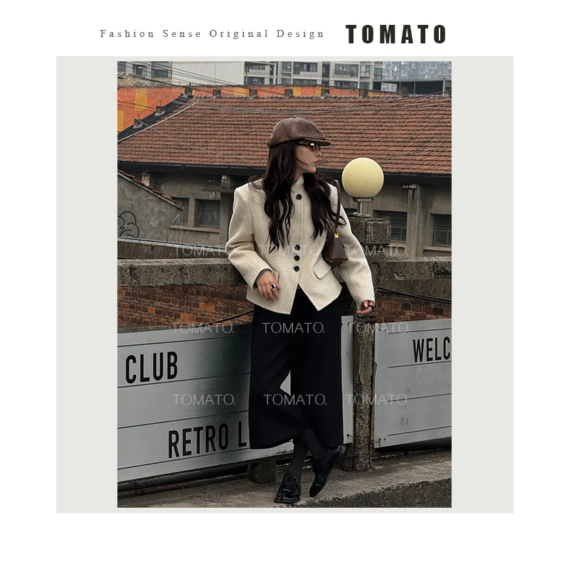 【TomoTo】小泡芙 韩版显瘦短款双面羊毛驼绒大衣外套Q24DY9112