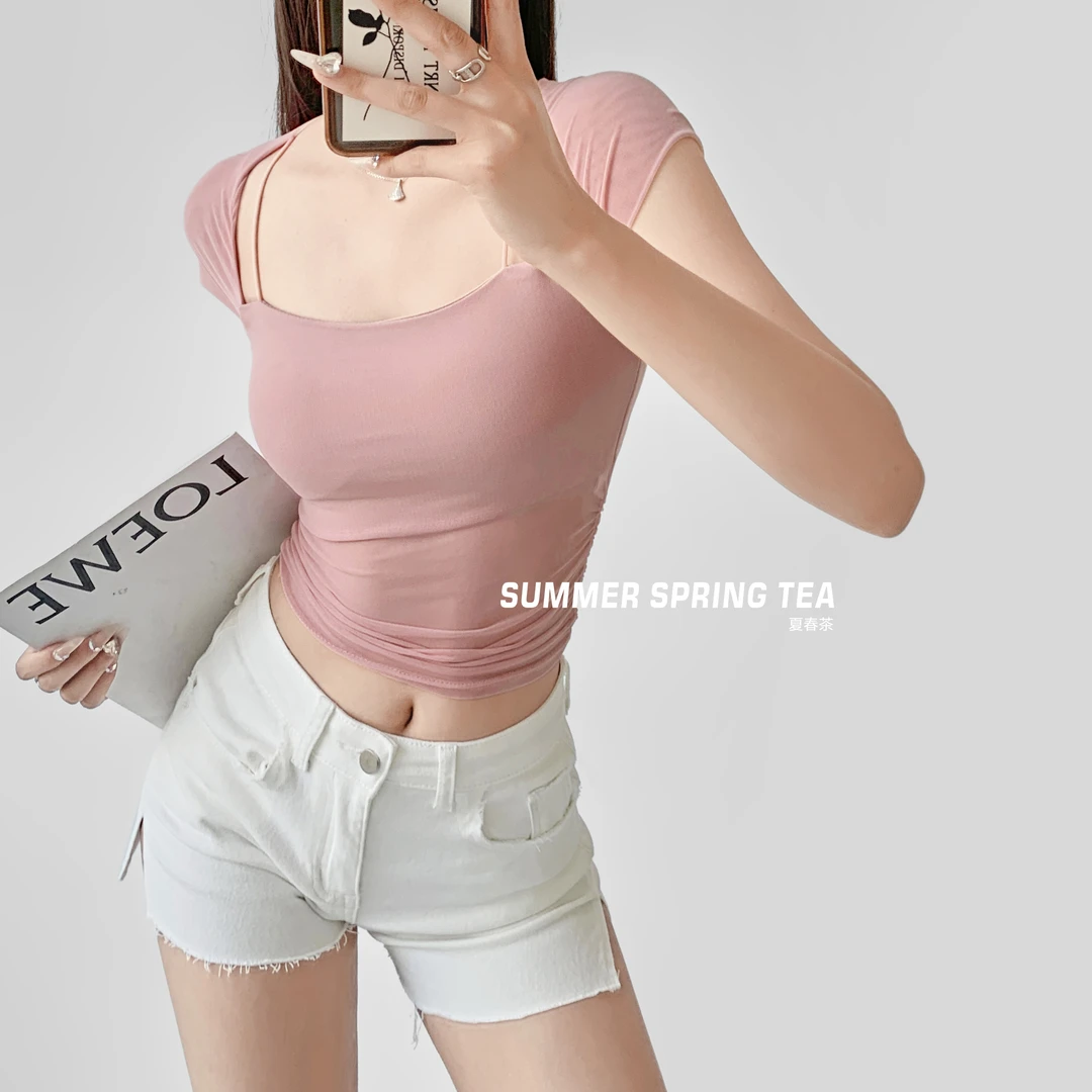 【现货】夏春茶纯欲辣妹漏锁骨方领网纱上衣女性感紧身褶皱收腰短袖