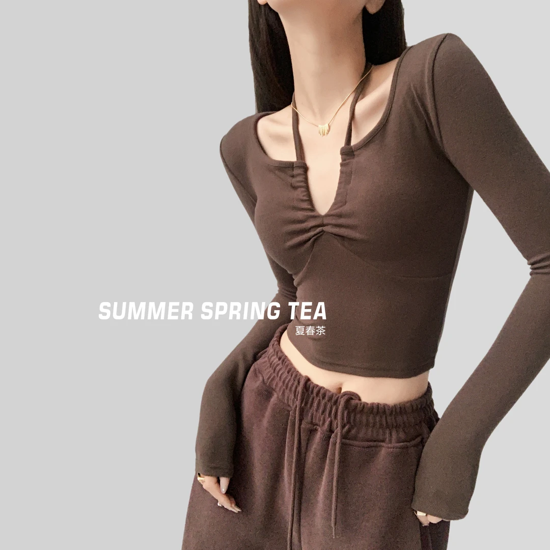 夏春茶美式上衣甜辣挂脖露锁骨秋季T恤ins长袖女小众设计打底衫