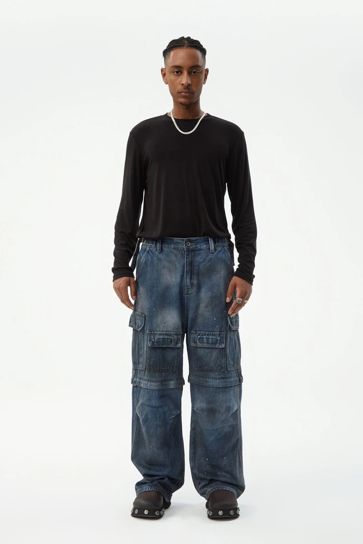 佐鸟美式破洞复古多口袋机能阔腿牛仔裤水洗宽松直筒垂感潮流个性