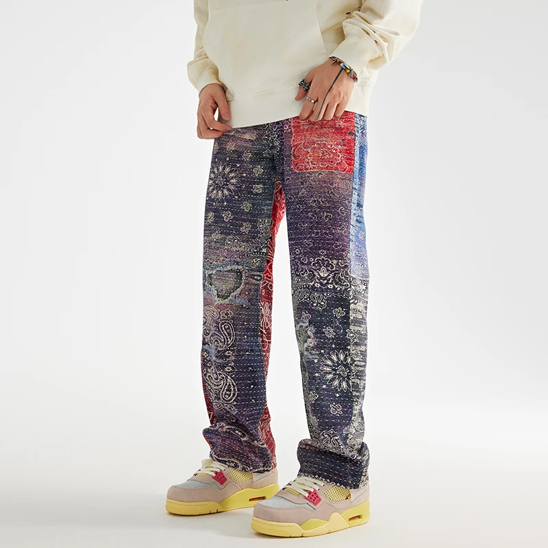 佐鸟美式复古腰果花男牛仔裤秋冬潮牌宽松个性感欧美水洗直筒裤子