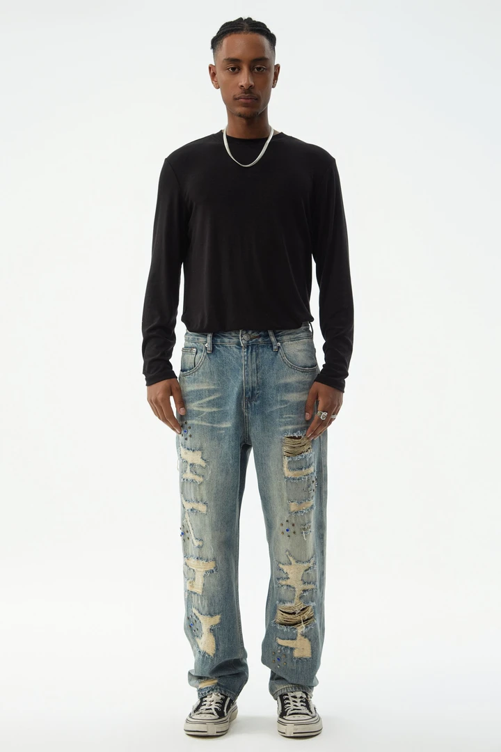 佐鸟设计感小众潮牌牛仔裤男浅蓝色高端修身补丁镶砖宽松美式裤子