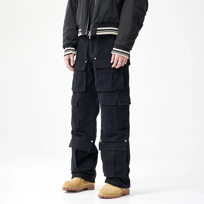 多口袋痞帅牛仔裤男士阔腿直筒宽松拖地裤黑色潮牌休闲工装裤长裤