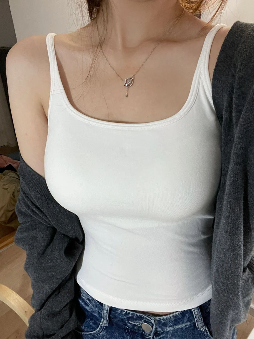 秋冬季新品小方领简约修身固定杯磨毛吊带打底背心女森色系88117#