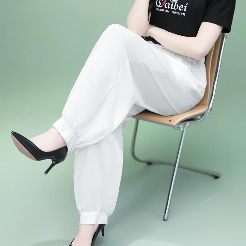 纯色棉绸灯笼裤女显瘦高腰夏季薄款宽松休闲阔腿防蚊裤中老年花裤