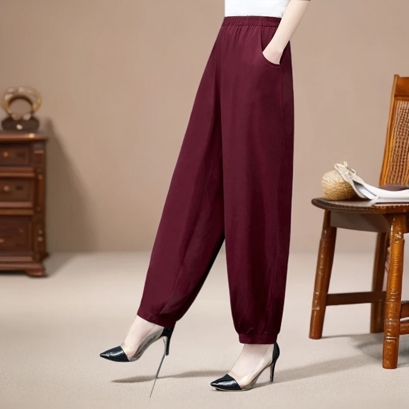 夏季大码纯色高腰灯笼裤女中老年妈妈裤薄款宽松遮肉显瘦防蚊长裤