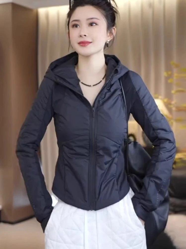 黑色夹棉轻薄棉服女2025冬季新款修身显瘦运动连帽短外套夹克上衣