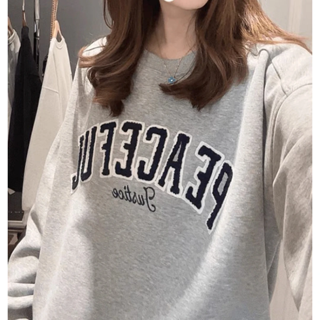 秋冬新款刺绣字母加绒圆领卫衣女慵懒风高级感外套-FE638