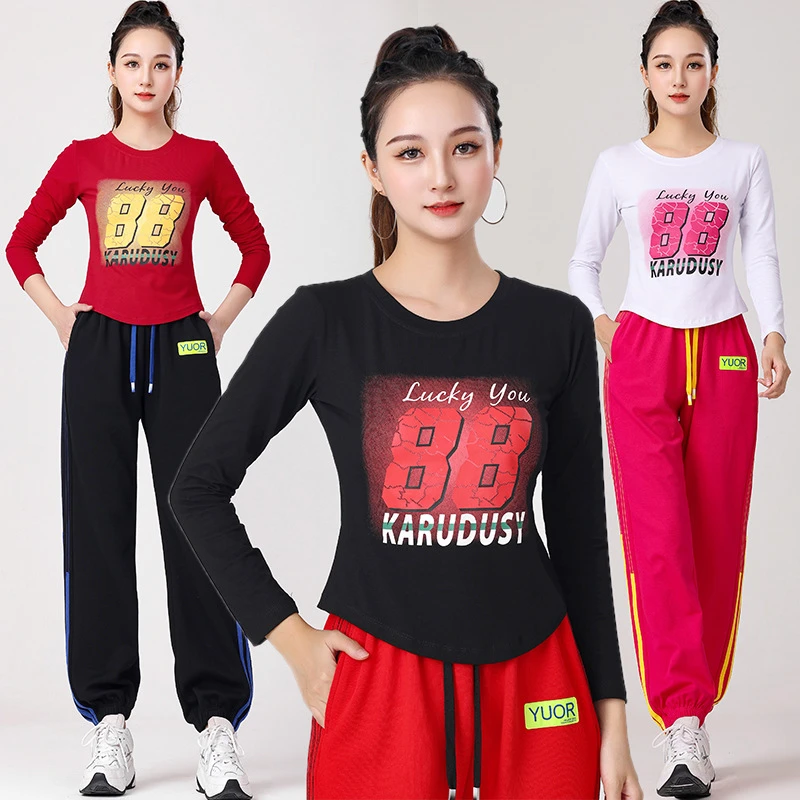 大码秋冬新款广场舞服装套装圆领长袖运动打底衫时尚曳步舞舞蹈服