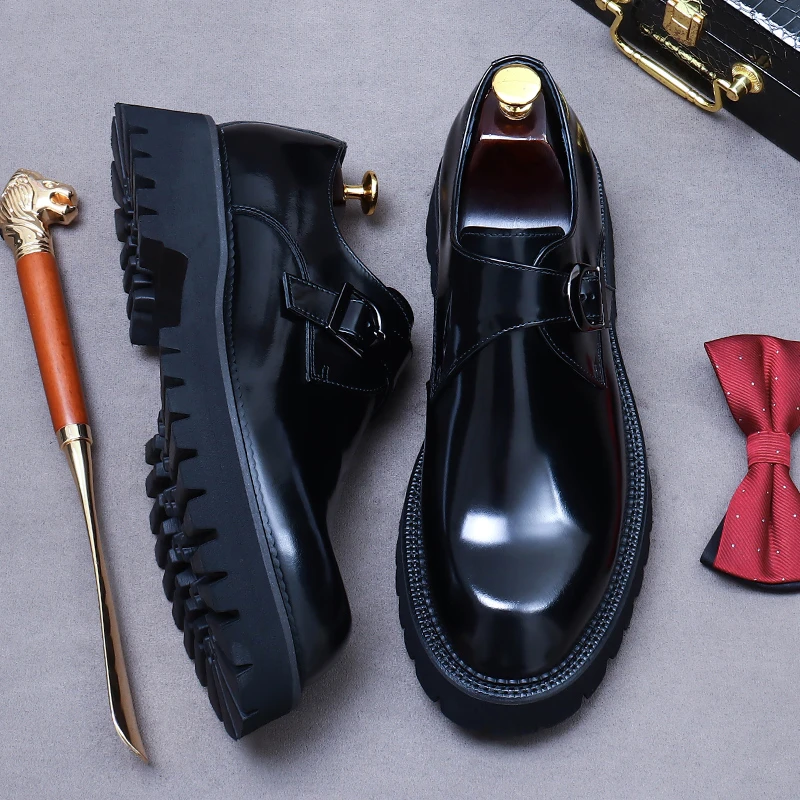 男士漆皮亮面时尚牛皮发泡大底金属搭扣微增高鞋手工擦色休闲百搭