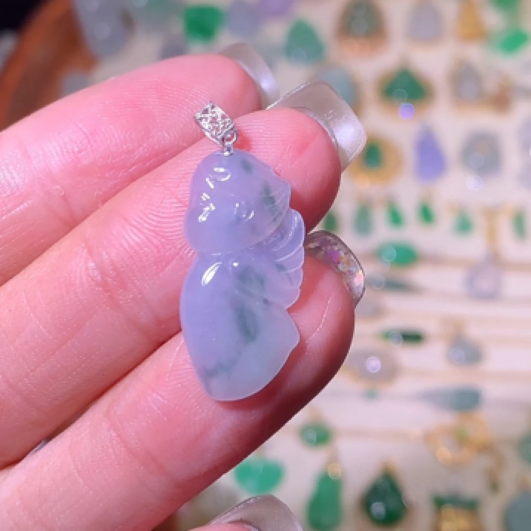 18k翡翠紫罗兰天使吊坠气质冰透镶嵌精美精雕宝宝挂坠