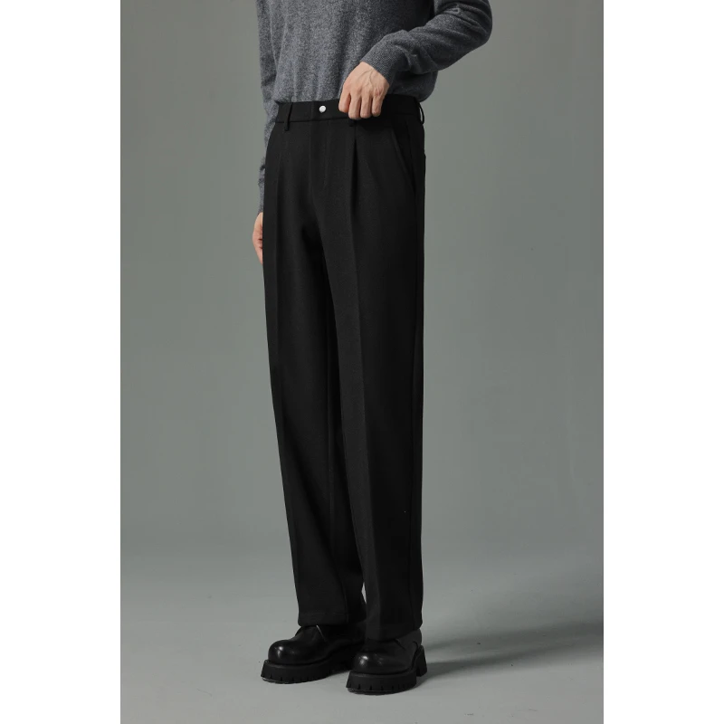 秋冬款男士直筒休闲裤毛呢垂感纯色百搭松紧腰设计感修身型长裤男