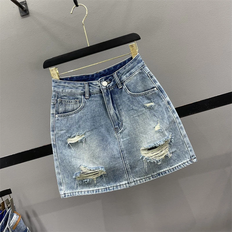 欧货破洞牛仔半身裙女夏季新款洋气高腰显瘦A字防走光包臀短裙子