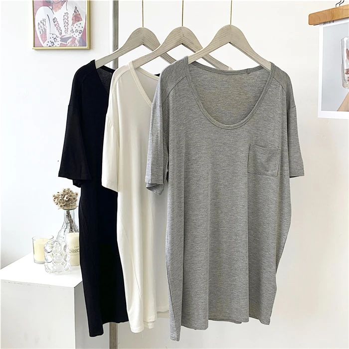 莫代尔口袋大圆领T恤女慵懒风薄款垂感纯色显瘦百搭遮屁股上衣女