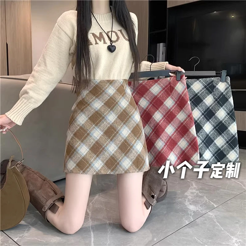 150小矮个子复古格子半身裙女秋冬xs显高穿搭高腰a字包臀毛呢短裙