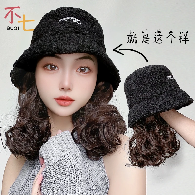 假发帽子一体式时尚秋冬款羊羔帽渔夫帽慵懒风仿真人发短卷发黑色