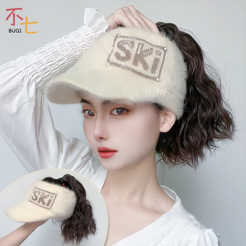 帽子假发一体女时尚保暖加绒针织棒球高马尾假发帽帽子带有假发
