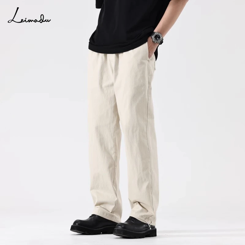 美式男士直筒裤通勤运动长裤百搭米色松紧腰裤脚显瘦阔腿休闲裤男