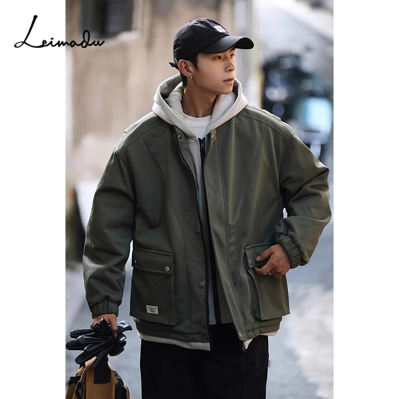 日系风加厚连帽棉衣男冬季新款假两件棉袄外套男宽松加厚工装棉服
